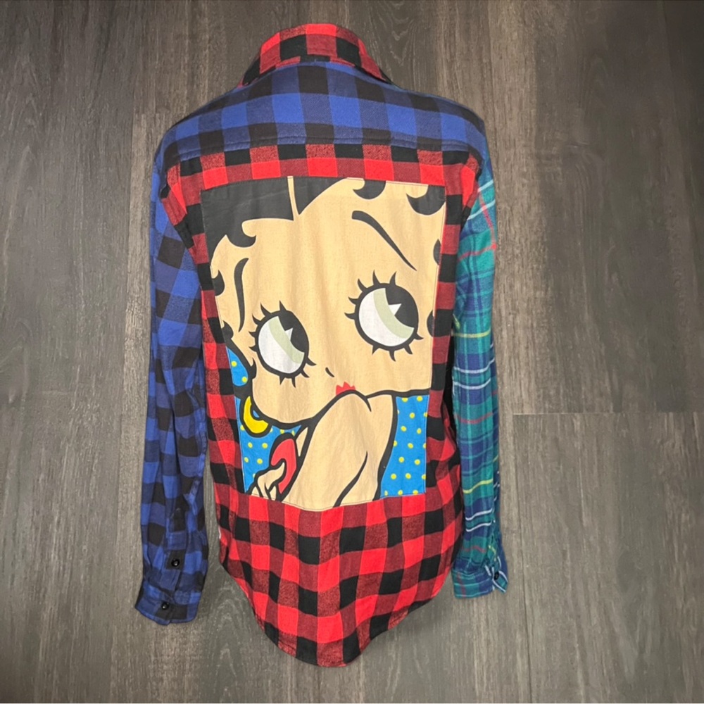 Betty Boop Patchwork Plaid Button Down Shirt Graphic Back Size Small